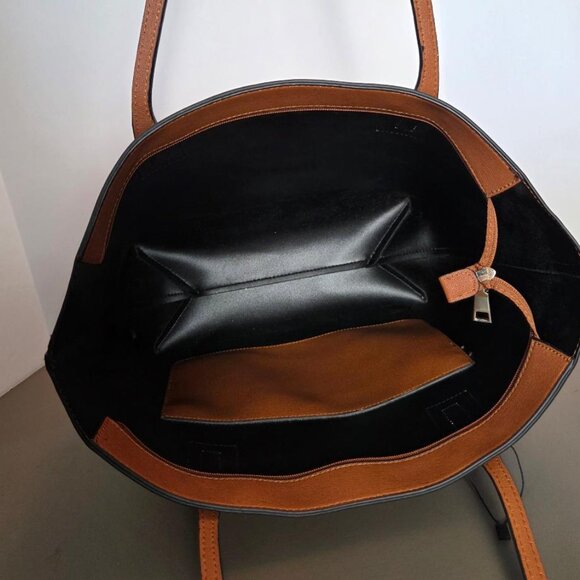 Tote Bag Faux Leather Large Size Caramel & Black NWOT Roomy Versatile - Picture 6 of 11